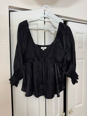 entro Black Peasant Peplum Blouse with Sweetheart Neck